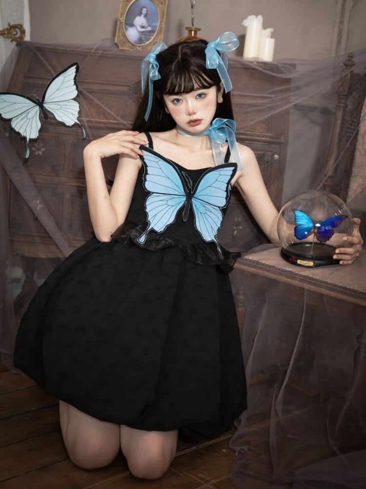 Black Butterfly Bodice Dress Bubble Skirt Jumper Skirt