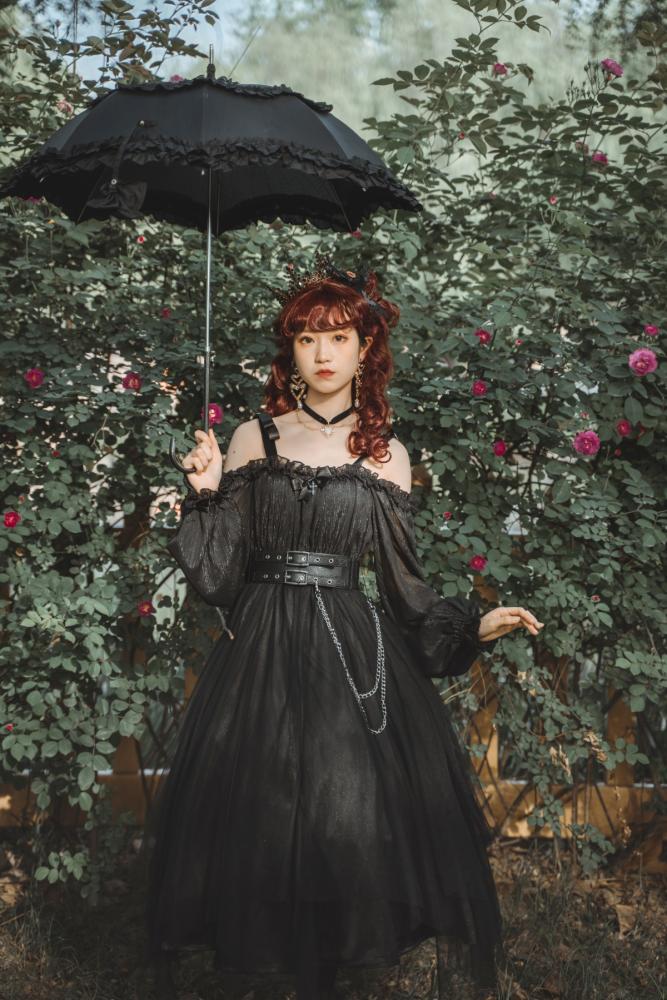 Black Gothic Lolita Dress with Separate Corset Belt