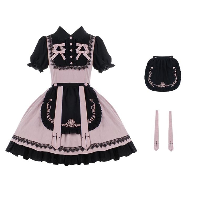 Black and Pink Fake Two-pieces Design One Piece with Detachable Apron