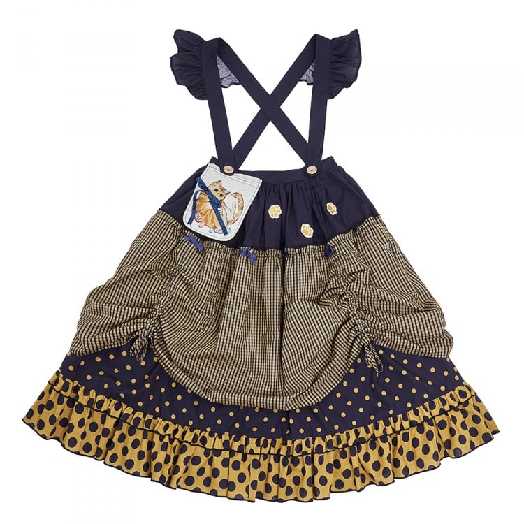 Dark Blue and Yellow Polka-dot Overalls Drawstring Hem