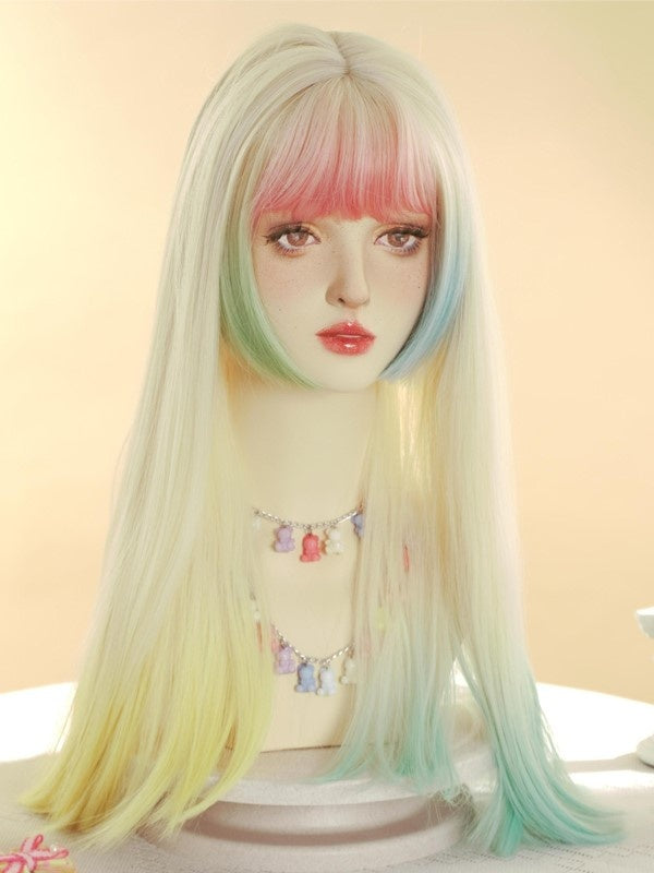 Candy Color Long Straight Rainbow Dip Dye Wig