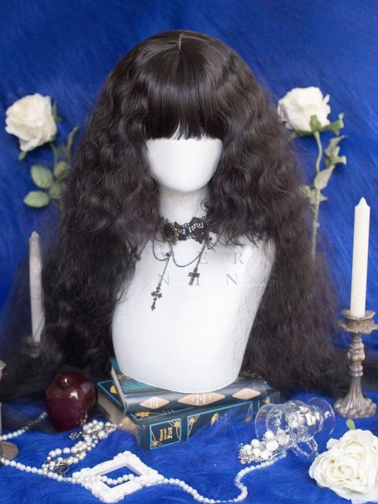 Black Long Curly Synthetic Wig with Bangs