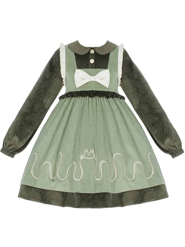 Clearance-Size S for Bust 90cm Green Jumping Frog Embroidery Dress Peter Pan Collar Fake-two Pieces Design - Sukuroi