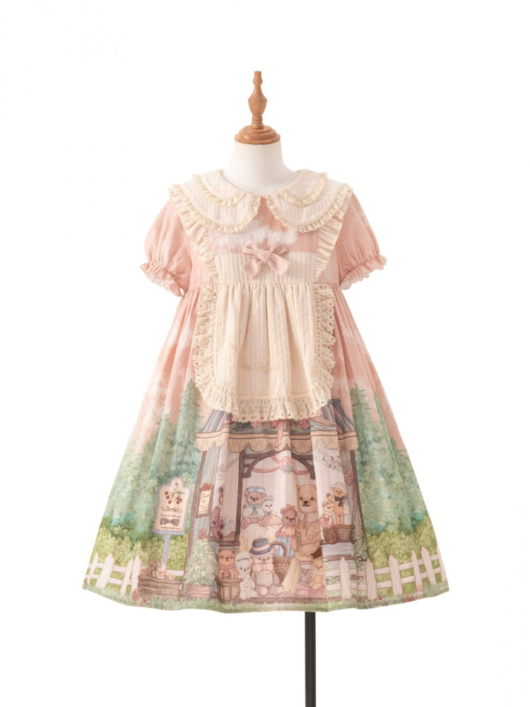 Anniversary Teddy Bear Print Peter Pan Collar Short Puff Sleeves One Piece