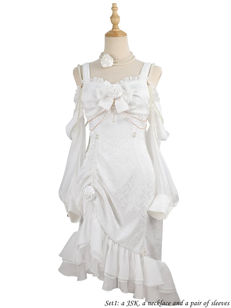 Camellia White Jacquard Rose Decoration Bead Detail Ruffle Mermaid Hemline Lolita JSK