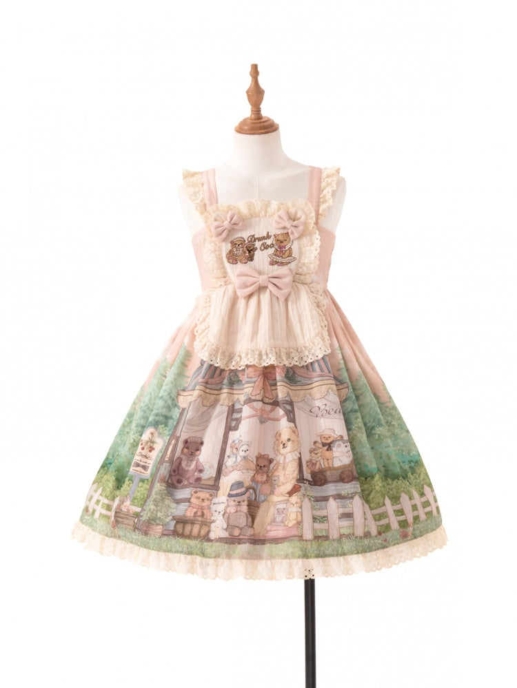 Anniversary Teddy Bear Print Hem Embroidery Ruffle Bodice Jumper Skirt