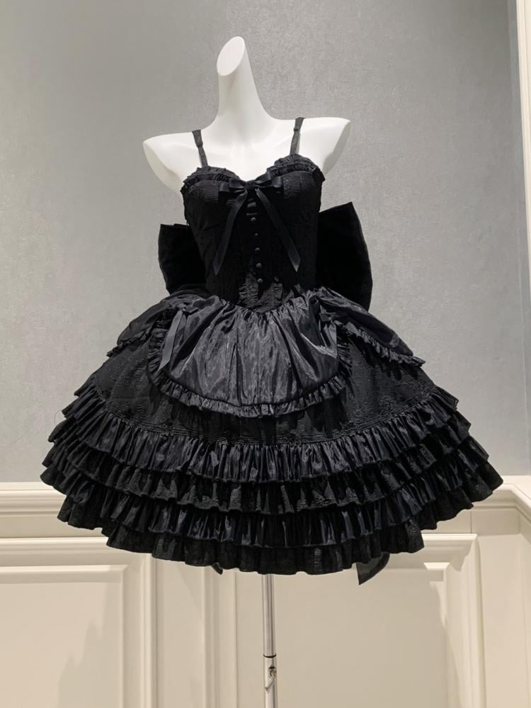 Black Sweetheart Neckline Boned Bodice Balletcore Jumper Skirt Tiered Ruffles with Big Bow