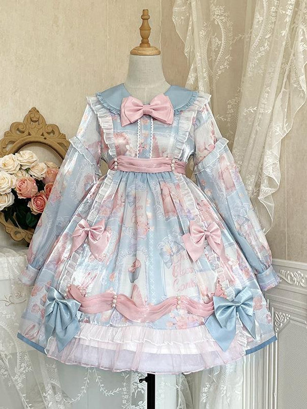 Bunny Print Light Blue Sweet Dress Long Sleeves One Piece