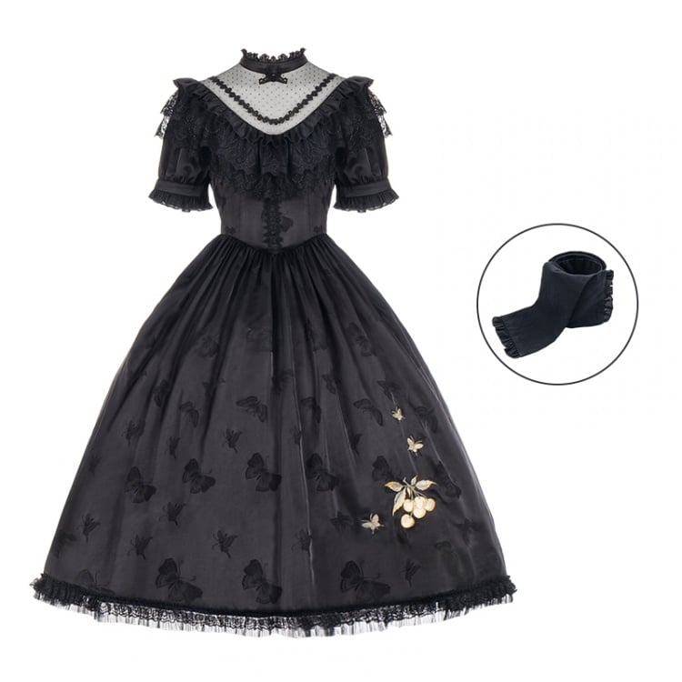 Butterfly Pattern Black Edward Collar One Piece Embroidery Detail Skirt