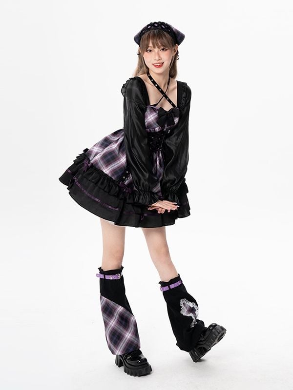 Halter Neck Lace-up Detail Purple Plaid Long Sleeves One Piece Idol Dress