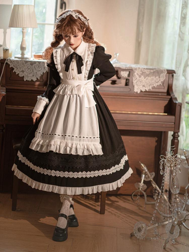 Black High Waist One Piece Maid Style Dress with Detachable Apron Long Sleeves Version