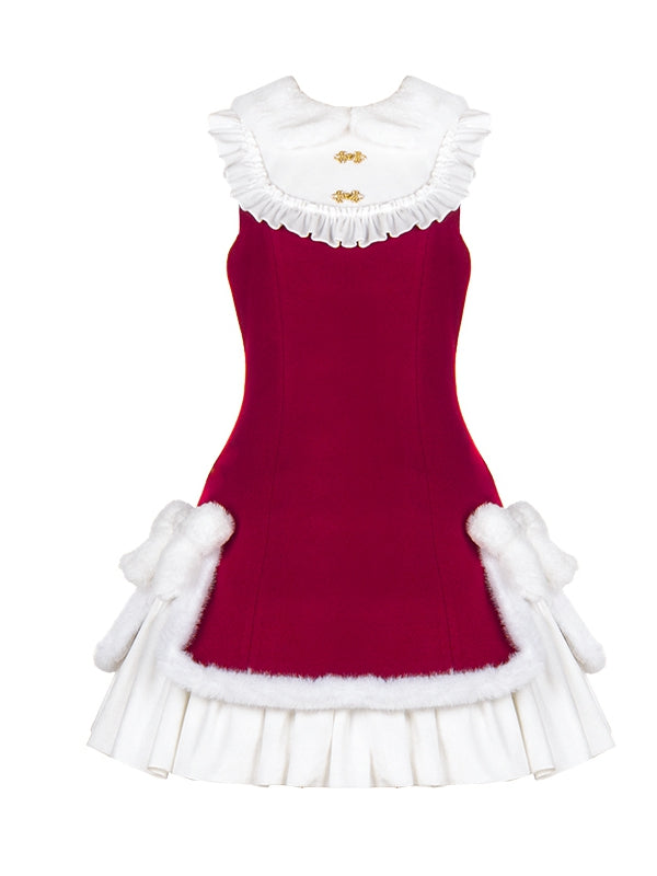 New Year Red and White Plush Bowknot Slit Side Hem Jumper Skirt