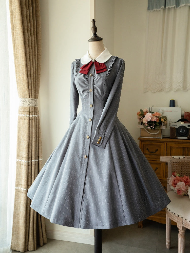 Forest Traveler Color Gray Striped Pattern Peter Pan Collar Long Sleeves Lolita OP