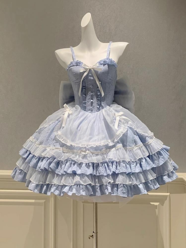 Light Blue Sweetheart Neckline Boned Bodice Balletcore Jumper Skirt Tiered Ruffles with Big Bow