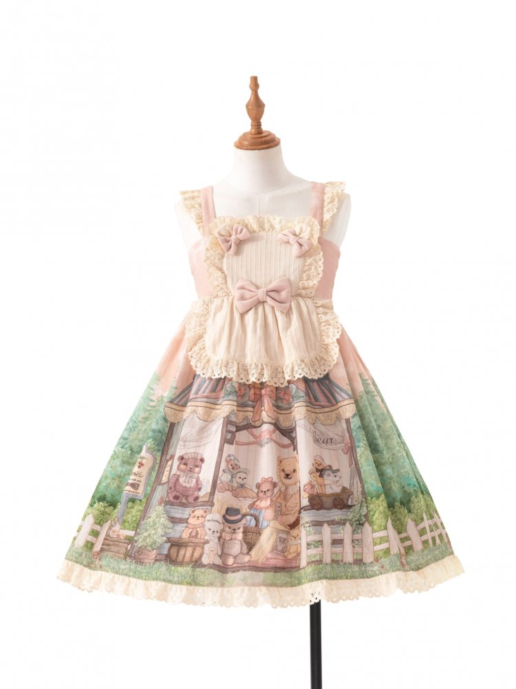 Anniversary Teddy Bear Print Bowknot Details Square Neckline Jumper Skirt