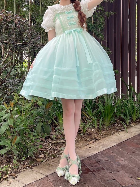 Green Bowknot Details High Waist Jumper Skirt