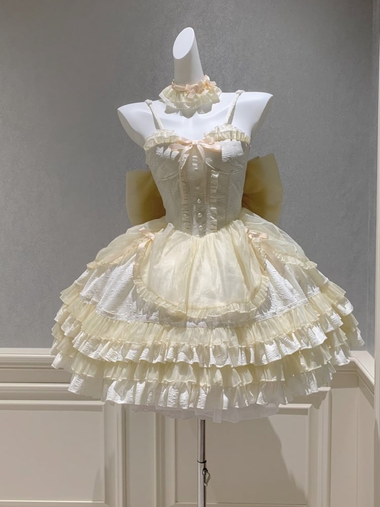 Beige Sweetheart Neckline Boned Bodice Balletcore Jumper Skirt Tiered Ruffles with Big Bow