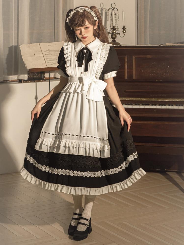 Black High Waist One Piece Maid Style Dress with Detachable Apron Short Sleeves Version