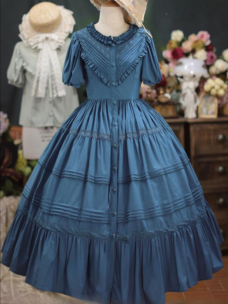 Elegant Blue Cotton Dress Ruffle Round Neck One Piece