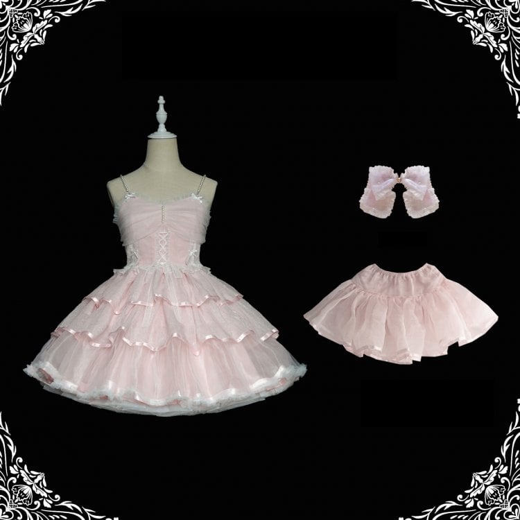 Clearance-Size L for Bust 90-100cm Pink Tiered Hem Jumper Skirt + Size M for Waist 70-100cm Petticoat Set