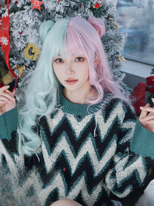 Wavy Pink and Mint Green Synthetic Wig