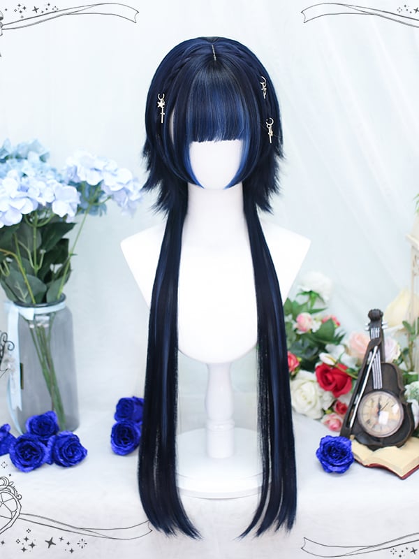 Highlight Blue / Black Short Synthetic Wig