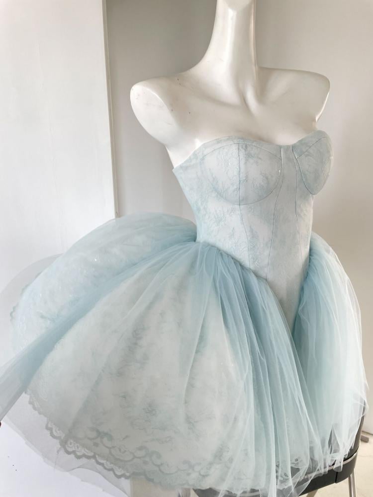 Baby Blue Balletcore Lace Bustier Dress Basque Waist