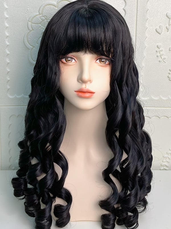 Black/Gold Ringlet Curls Medium Length Synthetic Wig