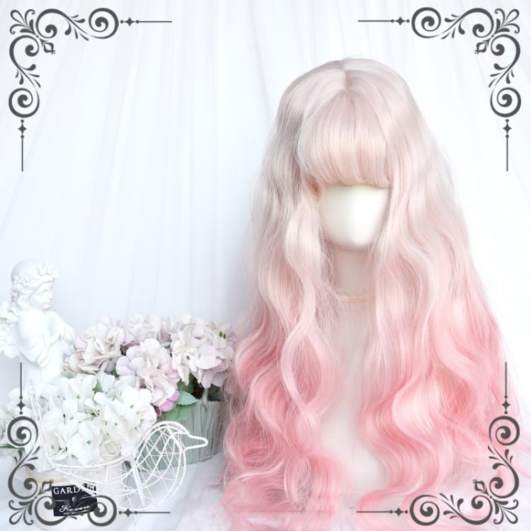 White Peach Beige to Pink Ombre Long Wavy Lolita Synthetic Wig
