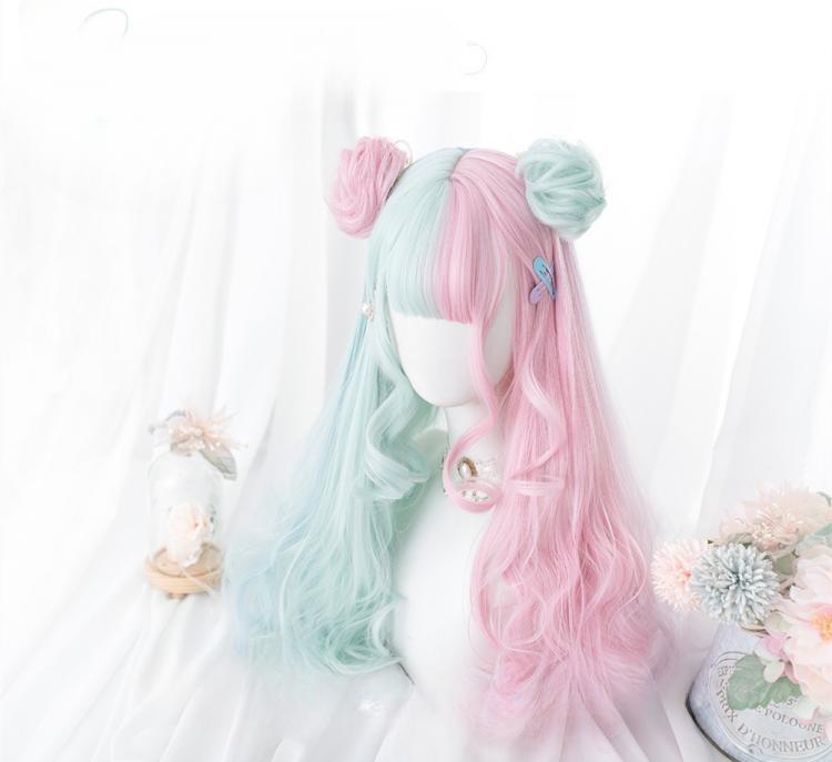 Wavy Pink and Mint Green Synthetic Wig