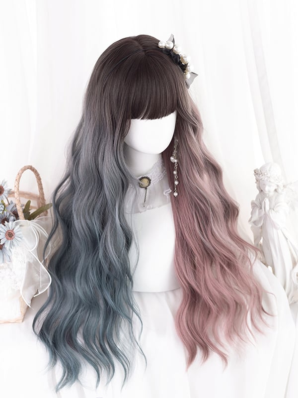 Clearance-Waist Length Wavy Dusty Green and Dusty Pink Ombre Synthetic Wig