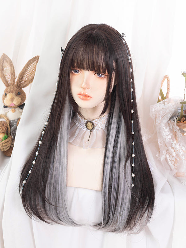 Silver Gray Highlights Long Straight Synthetic Wig