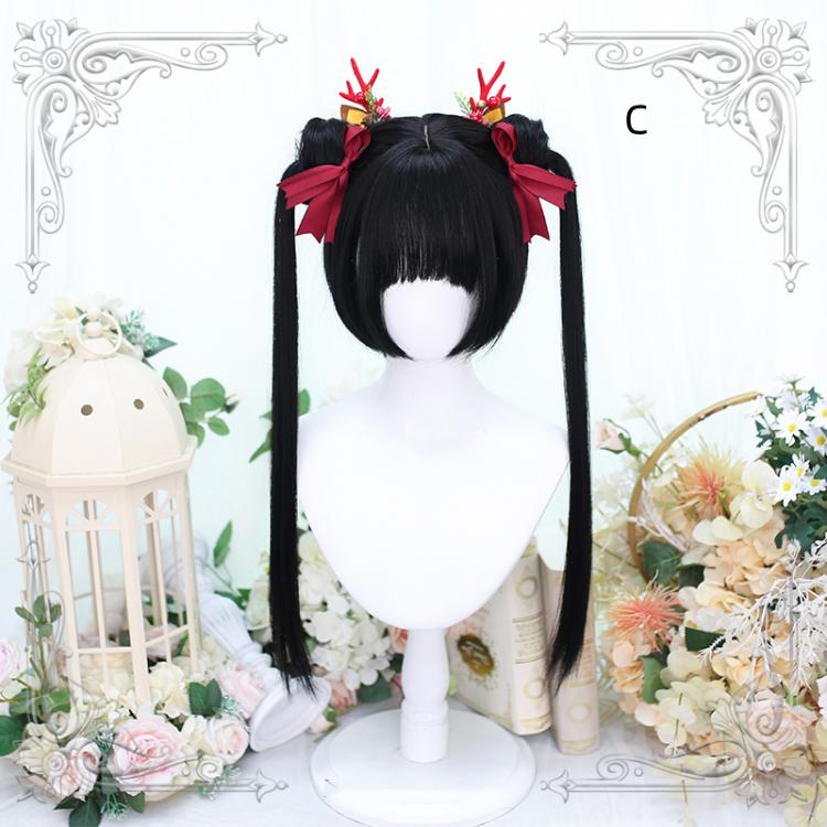 Glorious Youth Black Lolita Short Wig with Ponytails