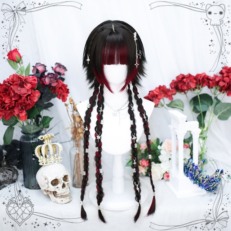 Red/Blue Highlight Ouji Short Wig with Long Braids