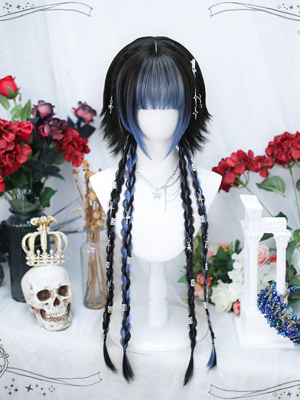 Red/Blue Highlight Ouji Short Wig with Long Braids