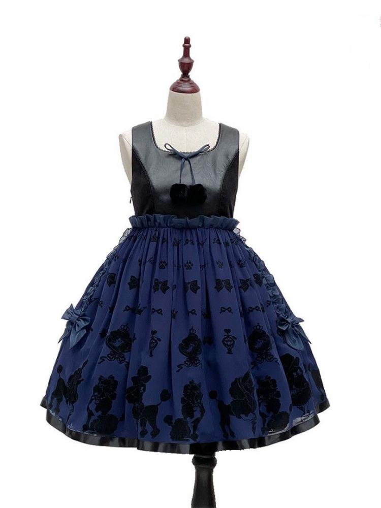 Dark Blue Cute Poodle Print Design Ruffle Trim Jumper Skirt