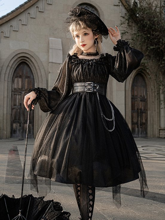 Black Gothic Lolita Dress with Separate Corset Belt