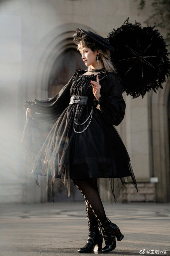 Black Gothic Lolita Dress with Separate Corset Belt