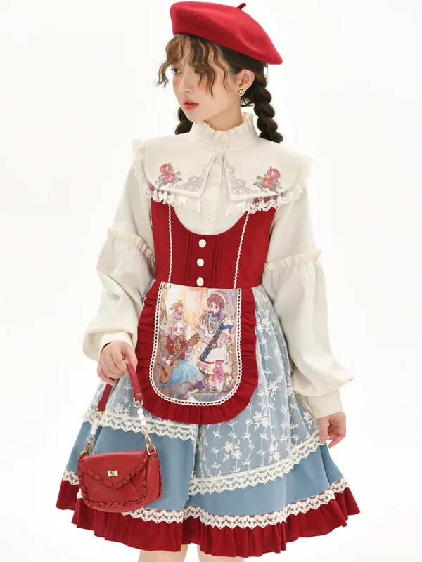 Fairy Tale Overture Girl and Violin Print Ruffle Trim Overalls