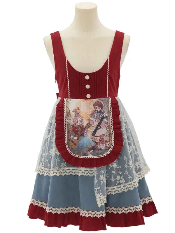 Fairy Tale Overture Girl and Violin Print Ruffle Trim Overalls