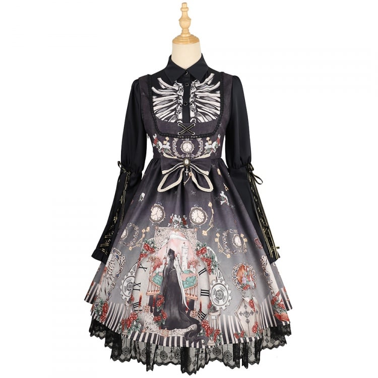 Black/White Fairy Long Leg-of-mutton Sleeves Shirt / U-neckline Jumper Skirt Set