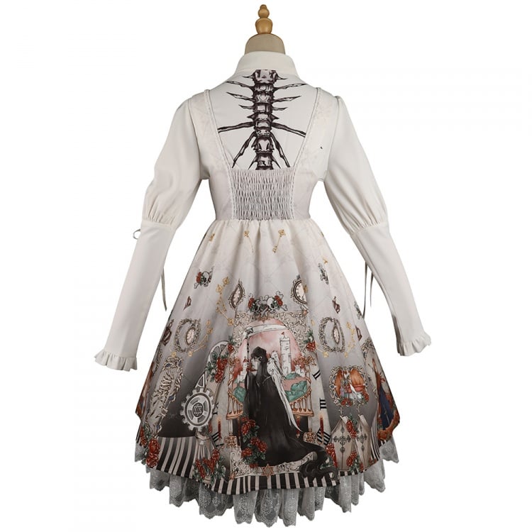 Black/White Fairy Long Leg-of-mutton Sleeves Shirt / U-neckline Jumper Skirt Set