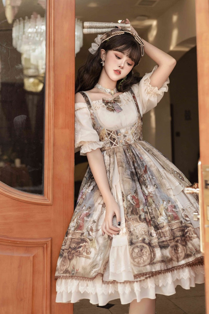 Gloria Oil Painting Print Hem Ruffle Hemline Underbust Elegant Jumper Skirt Full Set