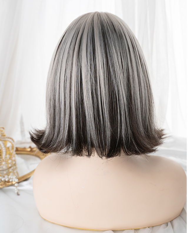 Clearance-Shoulder Length Straight Silver Black Highlight Hair Color Synthetic Wig