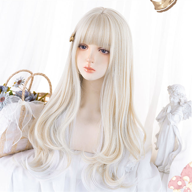 Beige Highlights White Long Wavy Synthetic Wig