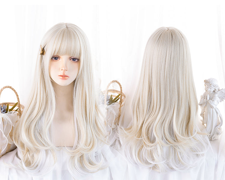 Beige Highlights White Long Wavy Synthetic Wig