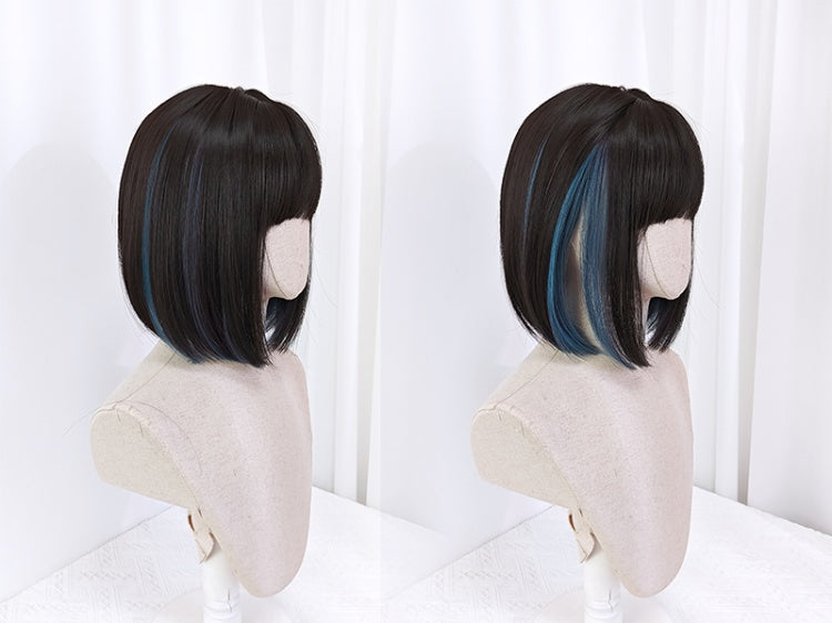 Haze Blue Highlight Dark Brown Shoulder Length Straight Synthetic Wig