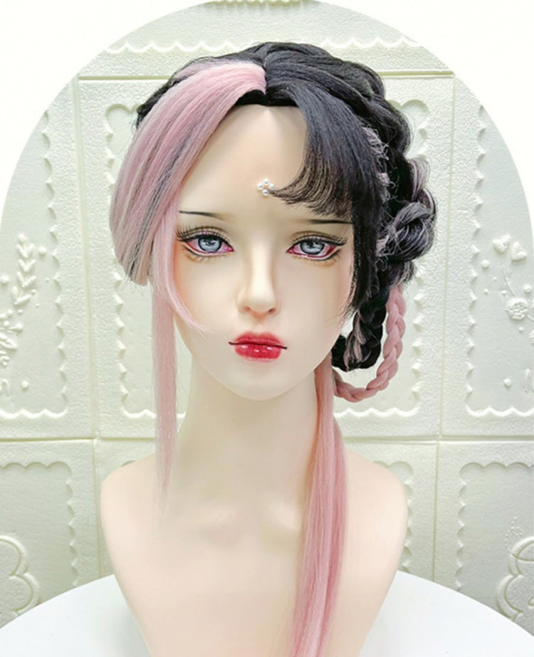 Endless Summer Black-Pink Lolita Hand-braided Wig with Flower Hair Accessory