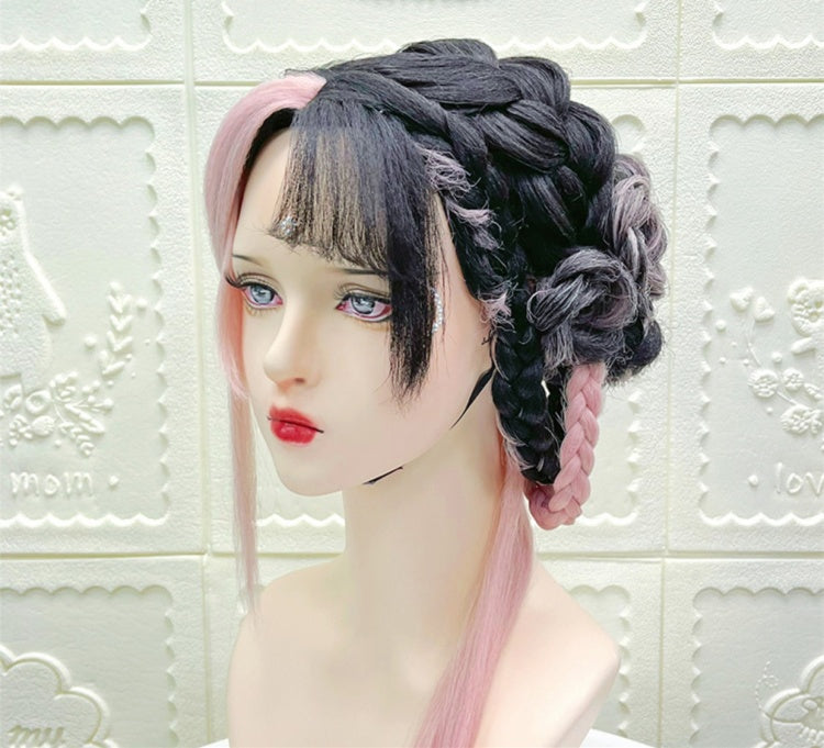 Endless Summer Black-Pink Lolita Hand-braided Wig with Flower Hair Accessory