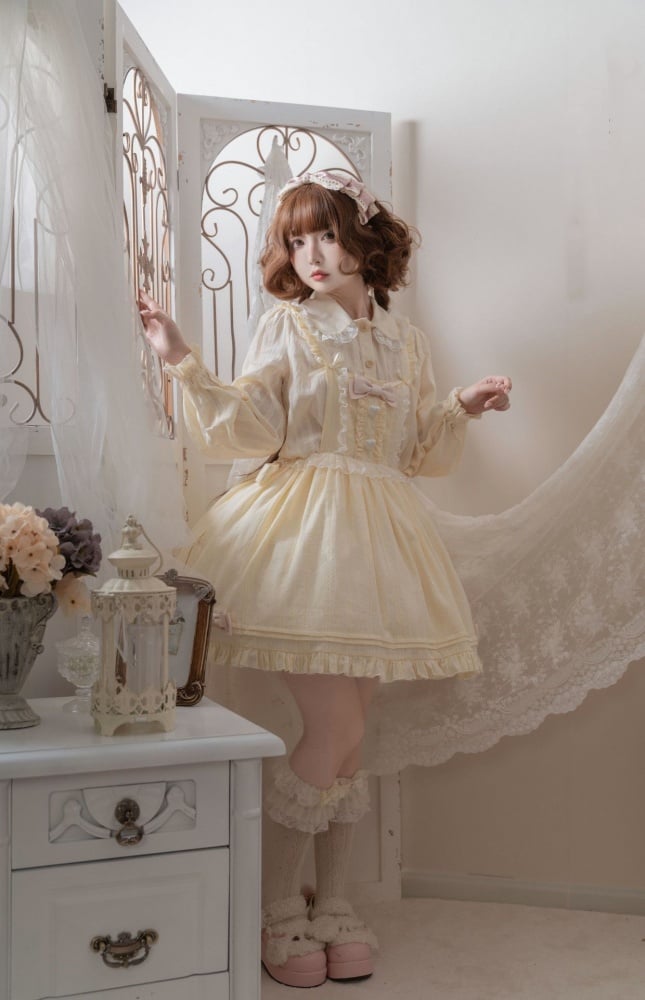 Bubble Cream Big Bow Ruffle Trim Overall Dress